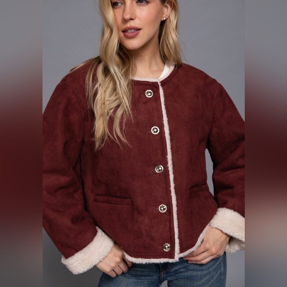 NWT Sherpa Lined Maroon Cropped Sueded Jacket Sizes Small -Large